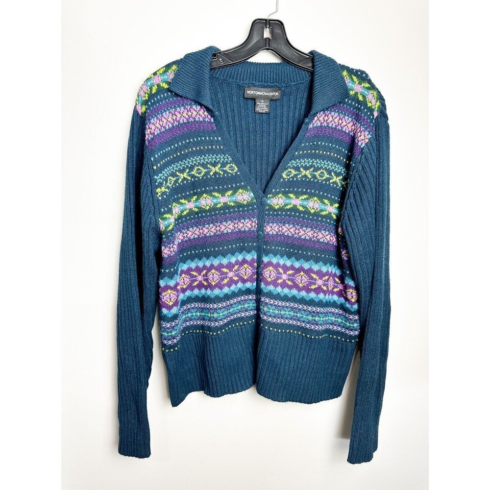 Norton Mcnaughton Fair Isle Retro Button Up Cardigan XL Blue Green Womens Collar